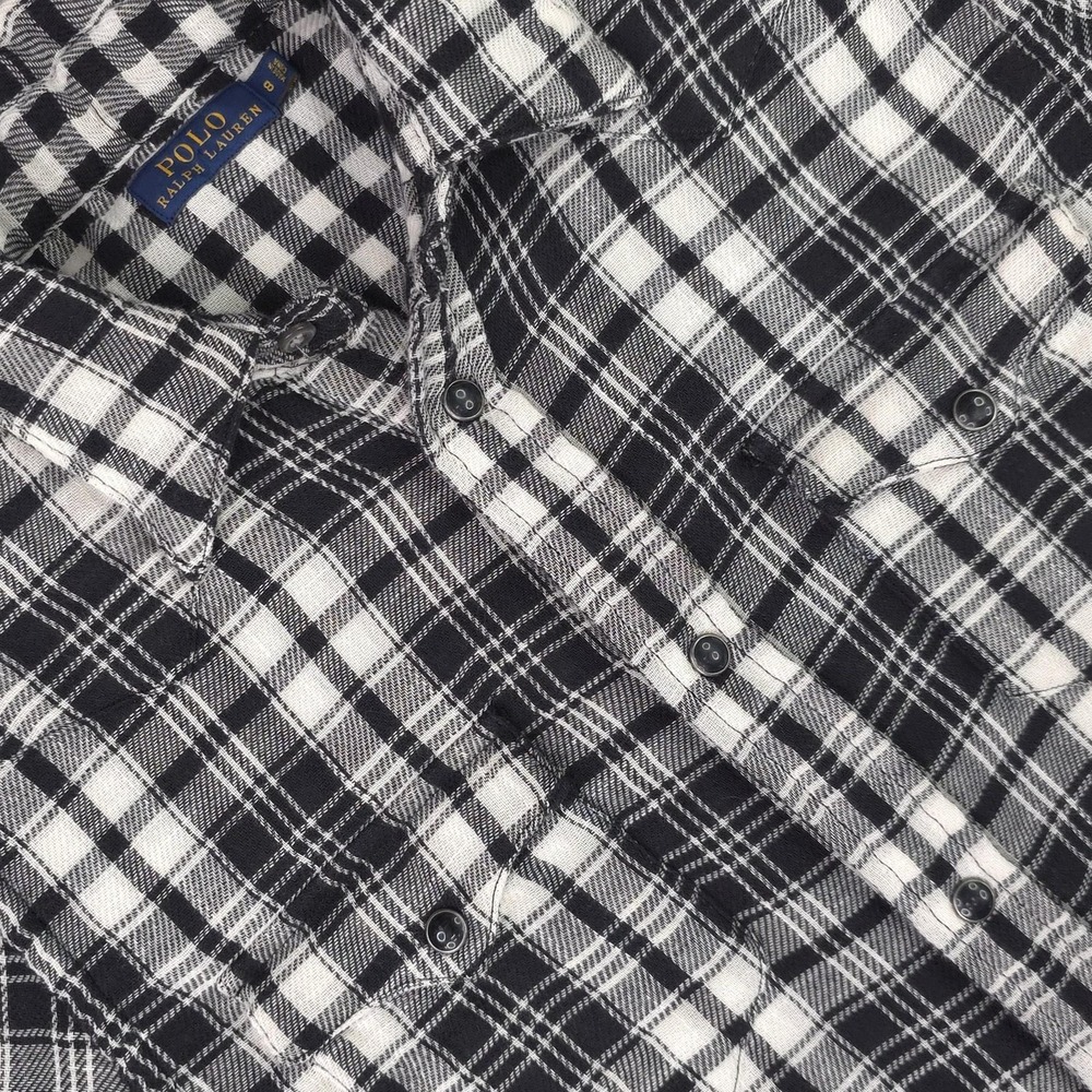 Polo Ralph Lauren Shirt Women 8 Black White Plaid Flannel Snap Front Long Sleeve